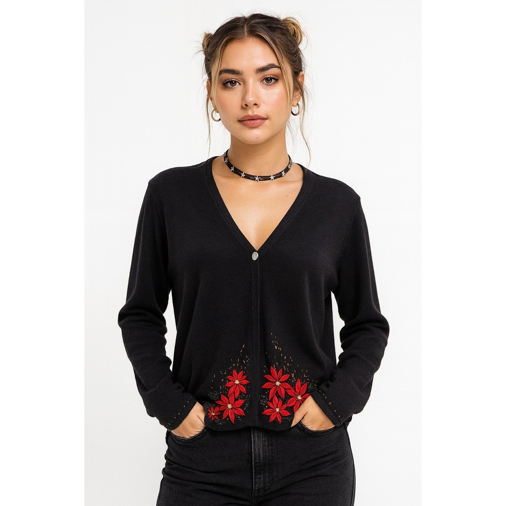 Designs Originals Cardigan‎ Womens Black Embellished Poinsettia Christmas Large